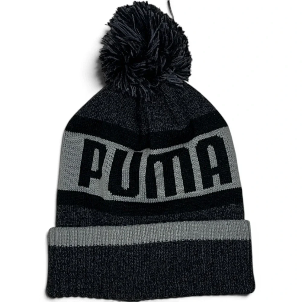 Puma Mens Grey Black Knit Pom Pom Beanie Hat Logo Cuff Winter Cap New